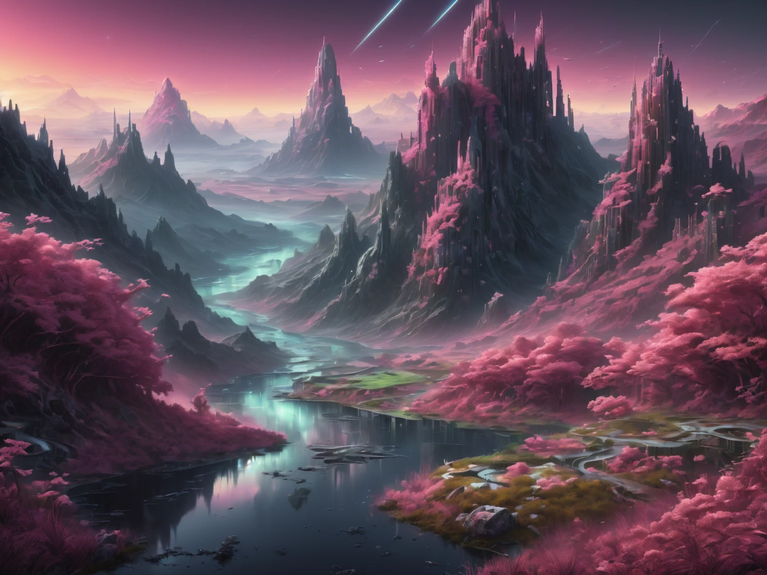 ((best quality)), ((masterpiece)), ((realistic,digital art)), (hyper detailed),DonMR0s30rd3r Mythical Landscapes Hiking Path,Valley,Dawn,Marsh Birds, octane rendering, raytracing, volumetric lighting, Backlit,Rim Lighting, 8K, HDR ,neon