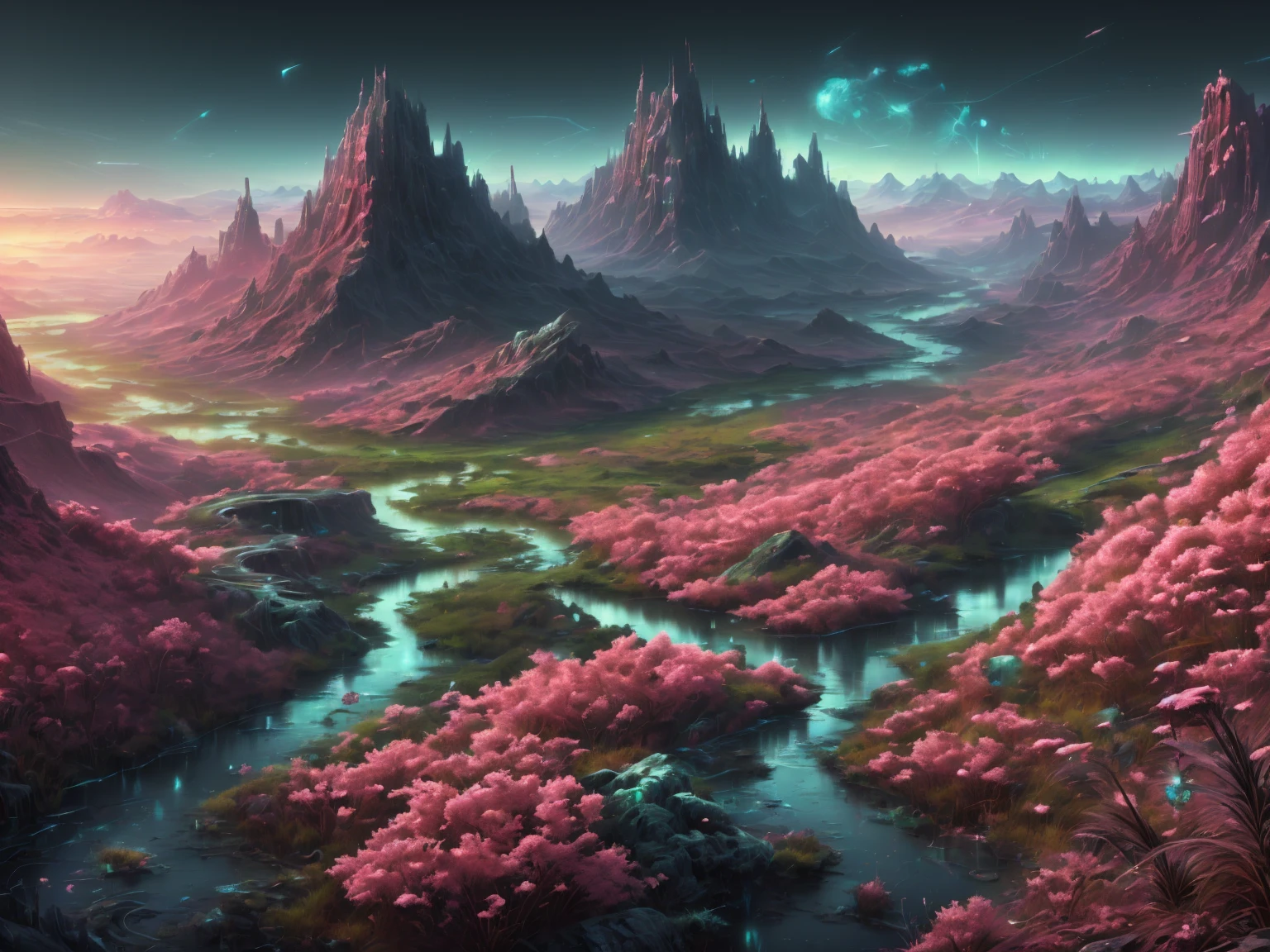 ((best quality)), ((masterpiece)), ((realistic,digital art)), (hyper detailed),DonMR0s30rd3r Mythical Landscapes Hiking Path,Valley,Dawn,Marsh Birds, octane rendering, raytracing, volumetric lighting, Backlit,Rim Lighting, 8K, HDR ,neon