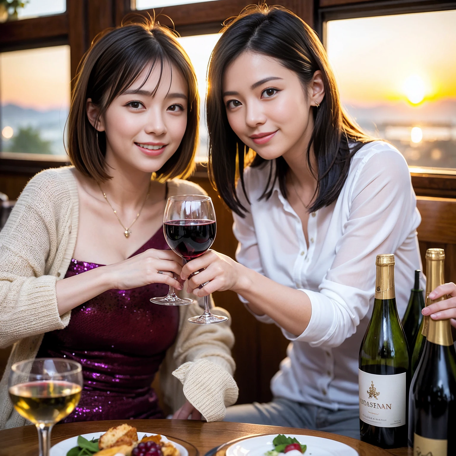 ((Highest quality、、masterpiece:1.3))、 (Ultra-realistic、 Genuine、Bright image、Intricate details:1.2), 最高のsmile、1 male、1 female、Beautiful couple、love love love、Lover in Hokkaido、Good friends、actress couple、smile、Full-course dinner at a packed table、 (Slim face), (the body is slim), (Brown Hair), (short hair), テーブルのwine glass、Please shine a light on my face、 Amazing view of the sunset sky and clouds、9 years old, red wine 、Wine bottle、sparkling wine、Long sleeve shirt、dress、White wine, red wine, wine glass, 