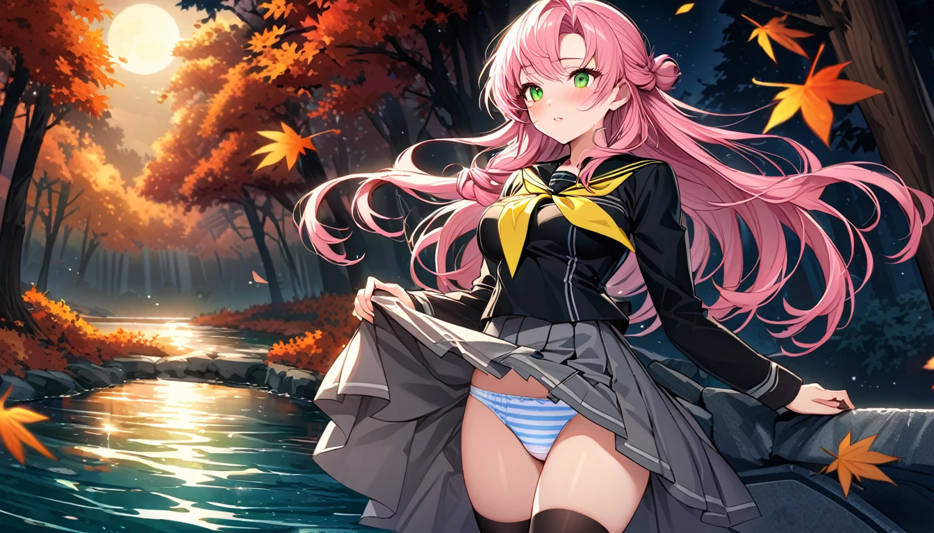 The image is of a beautiful woman wearing a tight fitting uniform. The woman has long flowing pink hair with strands of braided hair tied with red ribbon throughout. She has gorgeous green eyes that shine like emeralds. Her face is youthful and gorgeous. Her breasts are ample and seem too large for her uniform. She is short in height but well developed -a short stack. She blushes as you look at her. She's standing in an autumnal forest near a serene body of water. It's night time and a full moon lights the scene. A gentle breeze suspends fallen autumn leaves around her and lifts up her skirt revealing her blue and white striped panties. The image is ultra detailed with gorgeous colors, perfect line work, and detailed shading. The image really portrays the sexiness of the character. YasogamiFemaleWinter, black shirt, long sleeves, black sailor collar, yellow neckerchief, grey skirt, black thighhighs, autumn, serene water, lifted skirt, panty reveal, night time, gentle breeze, 