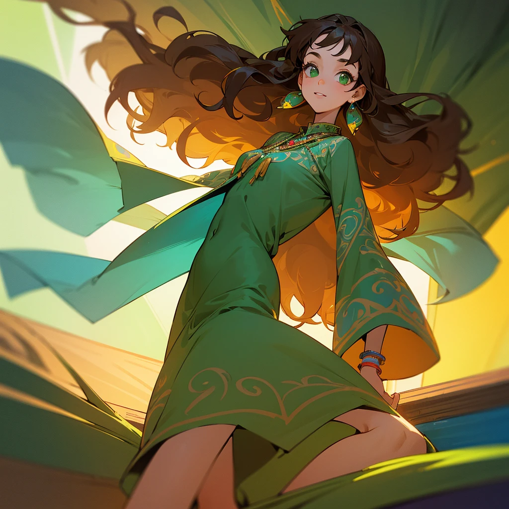 Girl at the table, 25 years, long curly brown hair, bright green eyes, who glow with warmth and enthusiasm 
, looks straight, slim build, and her style is a quirky mix of bohemian and vintage. She often wears flowy short dresses with unique patterns., accessorized with statement jewelry and comfortable flats.