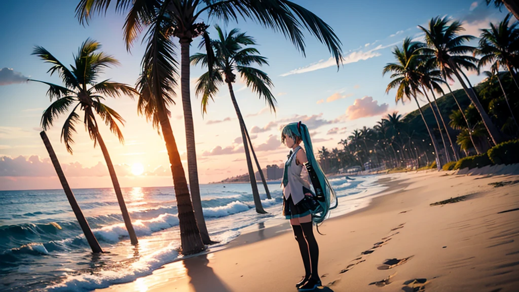 Hatsune Miku。Beach and palm trees。Sunset
