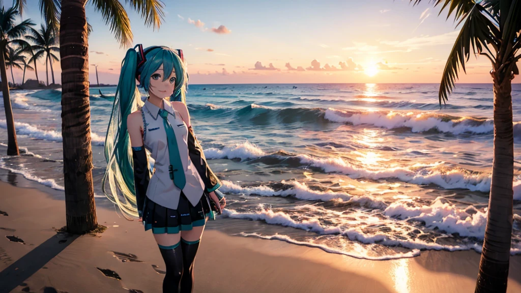 Hatsune Miku。Beach and palm trees。Sunset