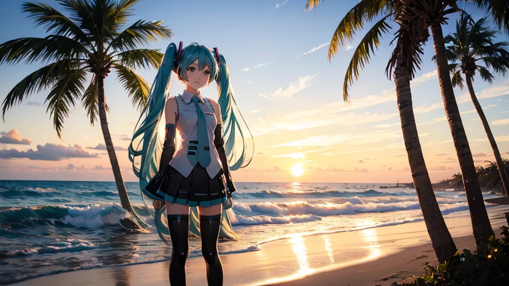 Hatsune Miku。Beach and palm trees。Sunset