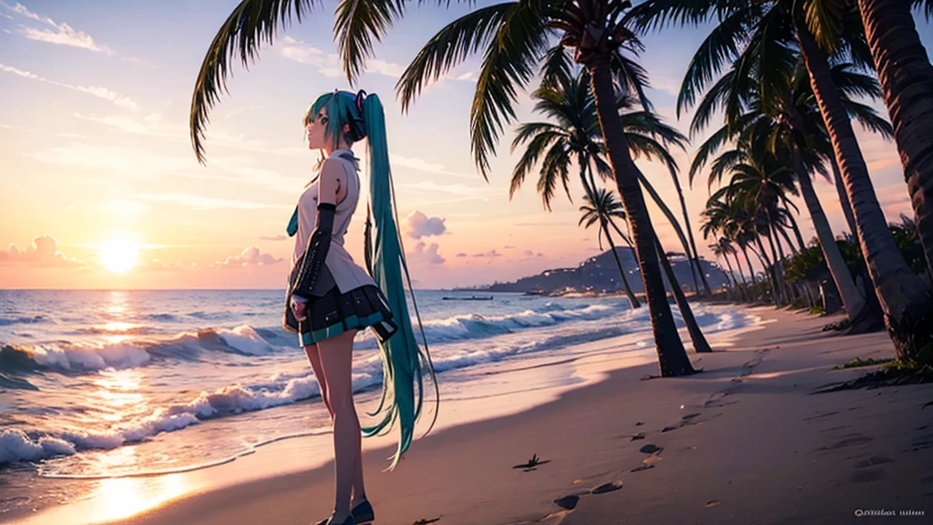 Hatsune Miku。Beach and palm trees。Sunset