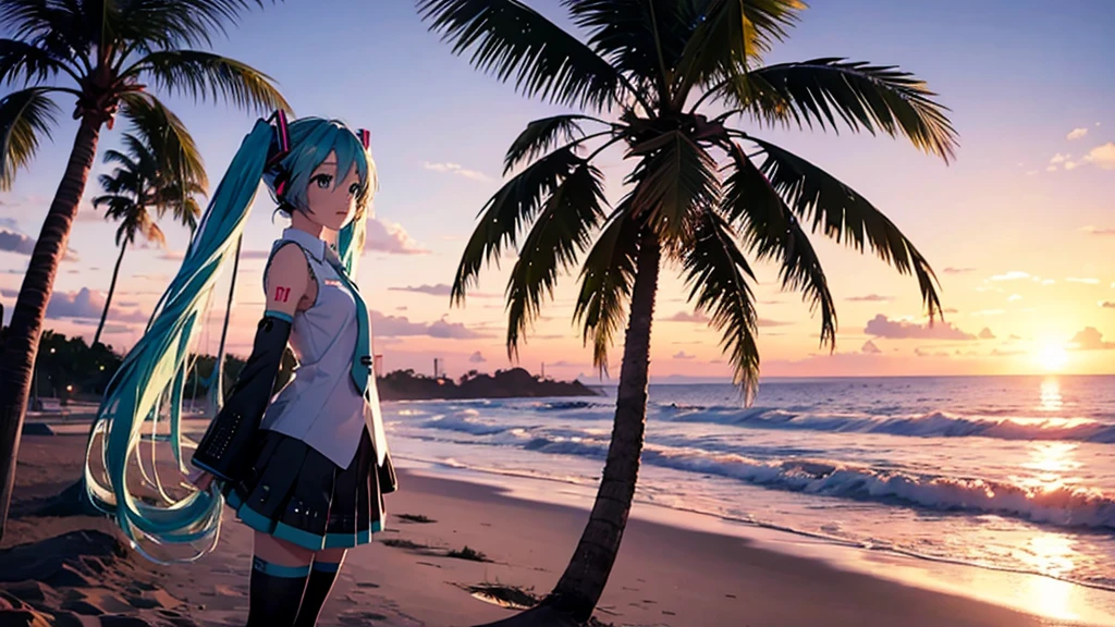 Hatsune Miku。Beach and palm trees。Sunset