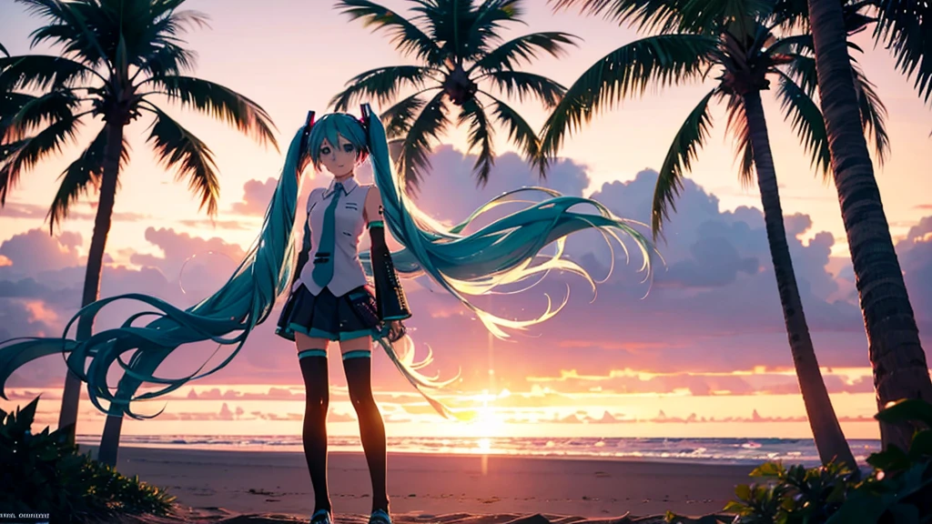 Hatsune Miku。Beach and palm trees。Sunset