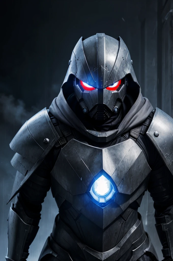 Advance heavy armored boy, grey hood and cape, background dark space battlefield, heavy rain, red short hair, blue glowing beautiful eyes, (full body shot), blue glowing lined simple armor plate, dark environment, high detailed face, Advance mask, intense war,