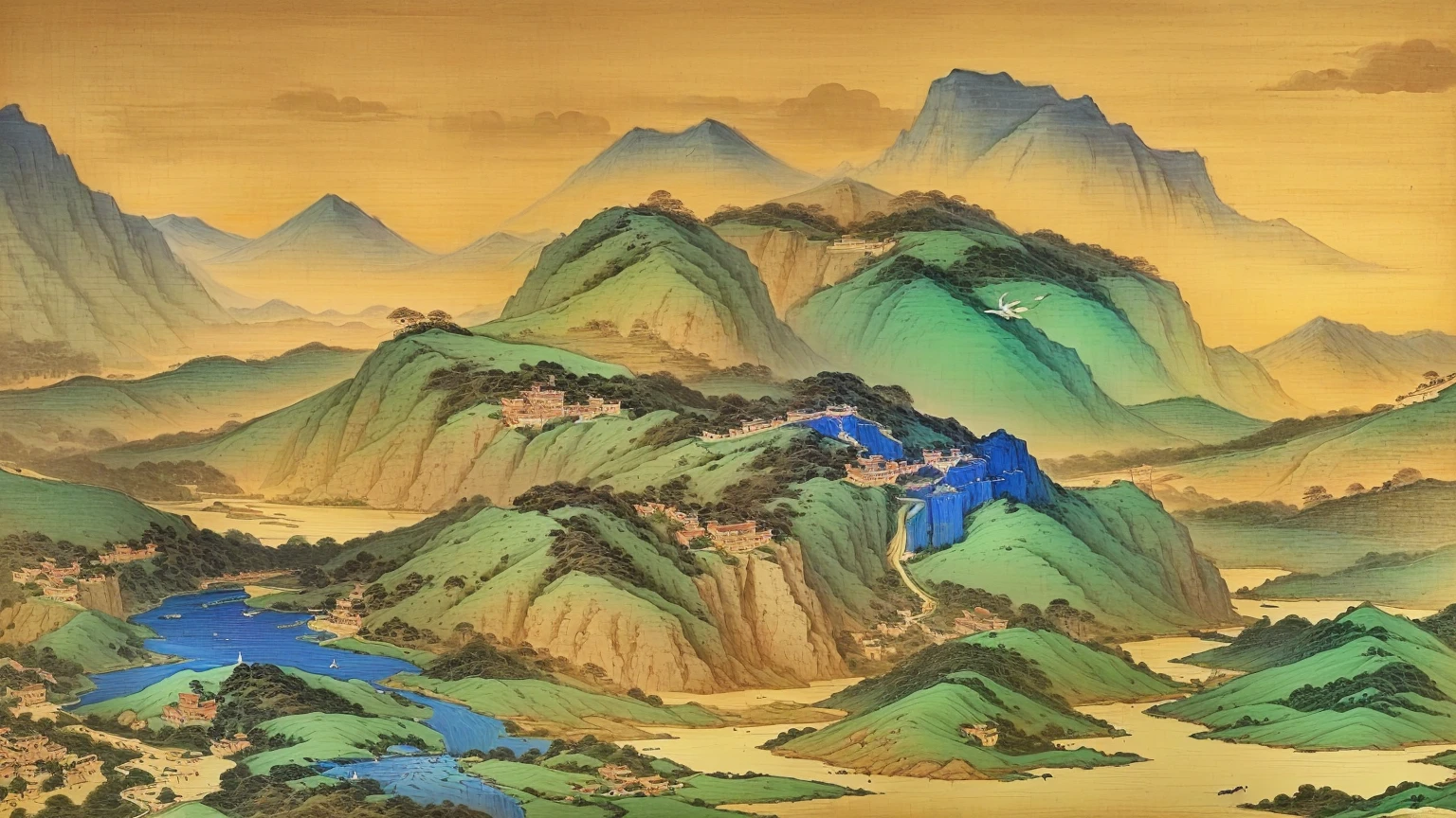 Alafud View，a mountain，A river and a bird, Chinese scenery, Qing Dynasty painting, inspired by Zhang Shunzi, author：Dondy, Chinese Arts, Extremely sophisticated, Song, Qing Dynasty, Inspired by Ma Yuan, author：Selangor Oriental, author：Gu An, author：Wang Lu, author：Wang Fu