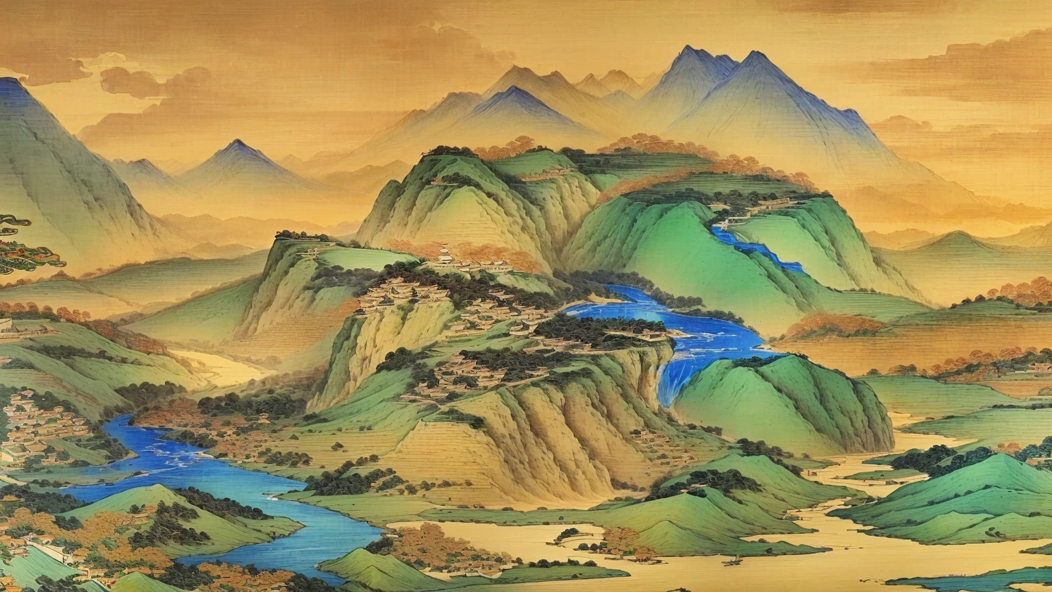 Alafud View，a mountain，A river and a bird, Chinese scenery, Qing Dynasty painting, inspired by Zhang Shunzi, author：Dondy, Chinese Arts, Extremely sophisticated, Song, Qing Dynasty, Inspired by Ma Yuan, author：Selangor Oriental, author：Gu An, author：Wang Lu, author：Wang Fu