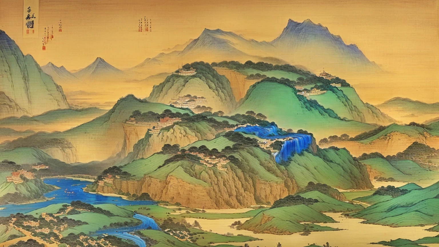 Alafud View，a mountain，A river and a bird, Chinese scenery, Qing Dynasty painting, inspired by Zhang Shunzi, author：Dondy, Chinese Arts, Extremely sophisticated, Song, Qing Dynasty, Inspired by Ma Yuan, author：Selangor Oriental, author：Gu An, author：Wang Lu, author：Wang Fu