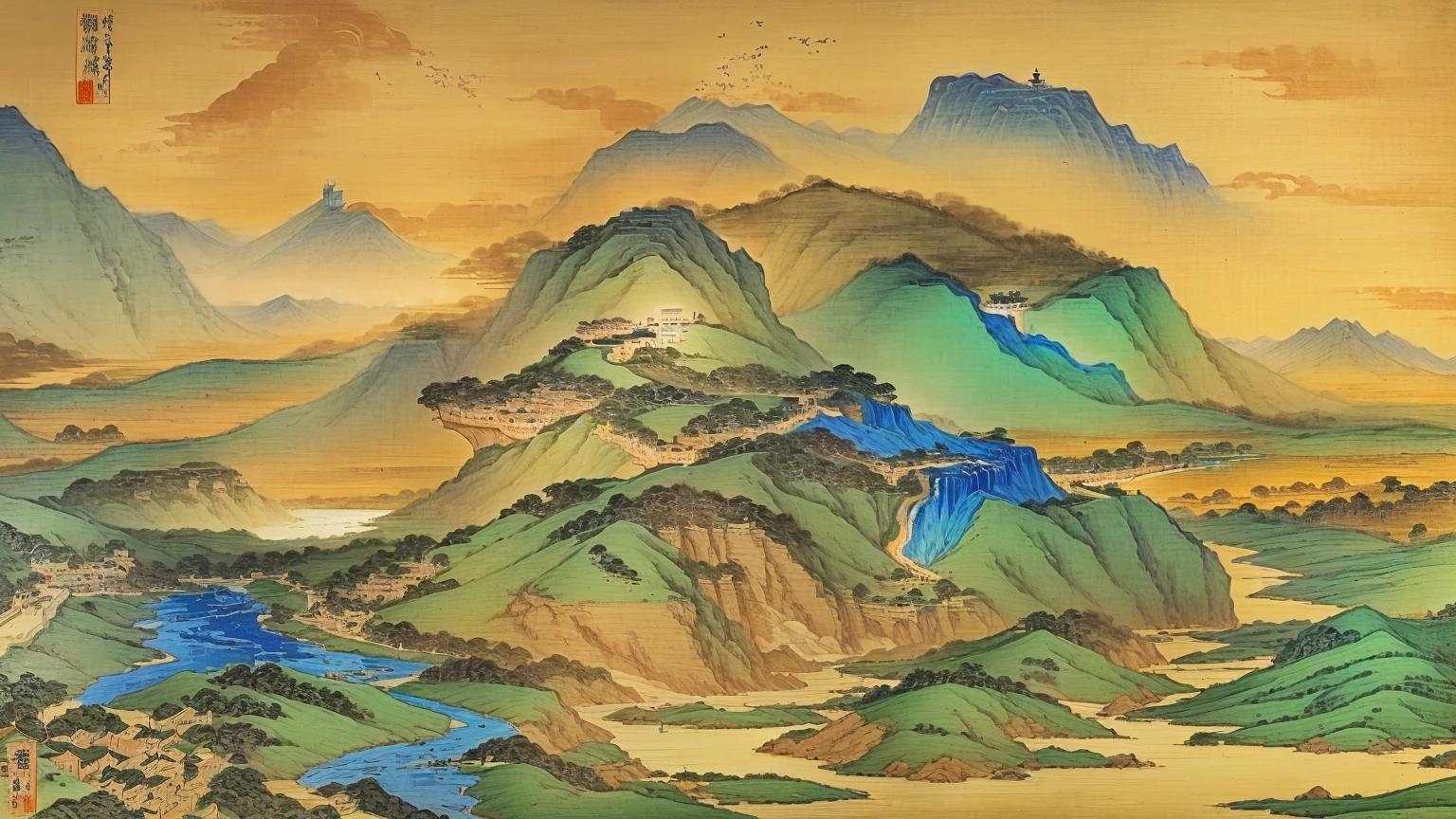 Alafud View，a mountain，A river and a bird, Chinese scenery, Qing Dynasty painting, inspired by Zhang Shunzi, author：Dondy, Chinese Arts, Extremely sophisticated, Song, Qing Dynasty, Inspired by Ma Yuan, author：Selangor Oriental, author：Gu An, author：Wang Lu, author：Wang Fu