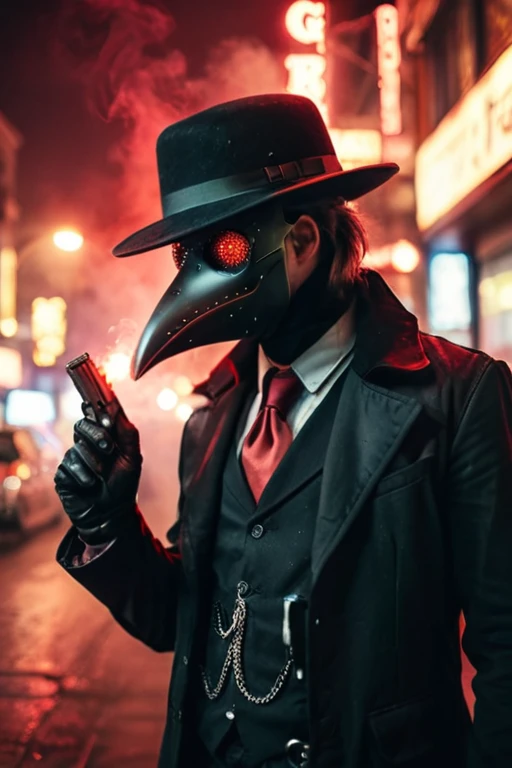 1 Male wearing a black plague doctor mask, wearing a black button-up with a black vest and red tie, leather gloves, wears a black fedora, head is fully covered, mask eyes glowing red, no skin showing, holding a gun in hand, goth, neon city lights, smoke coming from gun, depth of field, side view