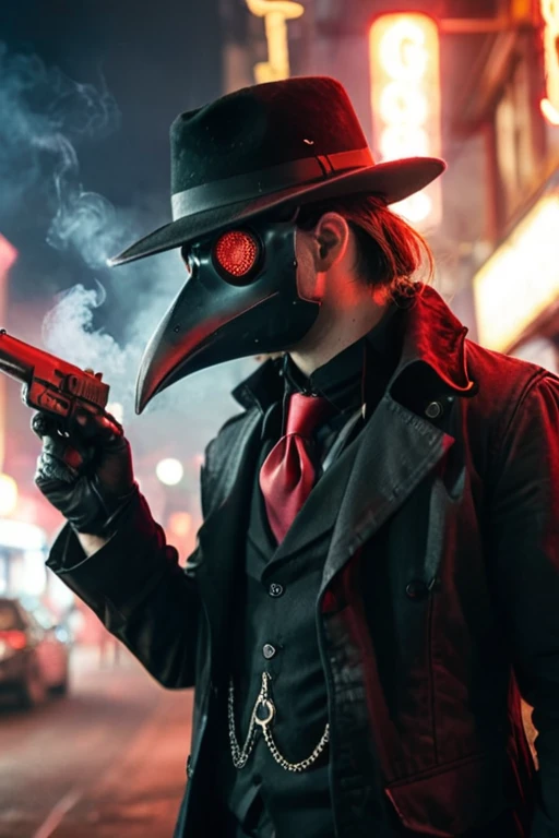 1 Male wearing a black plague doctor mask, wearing a black button-up with a black vest and red tie, leather gloves, wears a black fedora, head is fully covered, mask eyes glowing red, no skin showing, holding a gun in hand, goth, neon city lights, smoke coming from gun, depth of field, side view