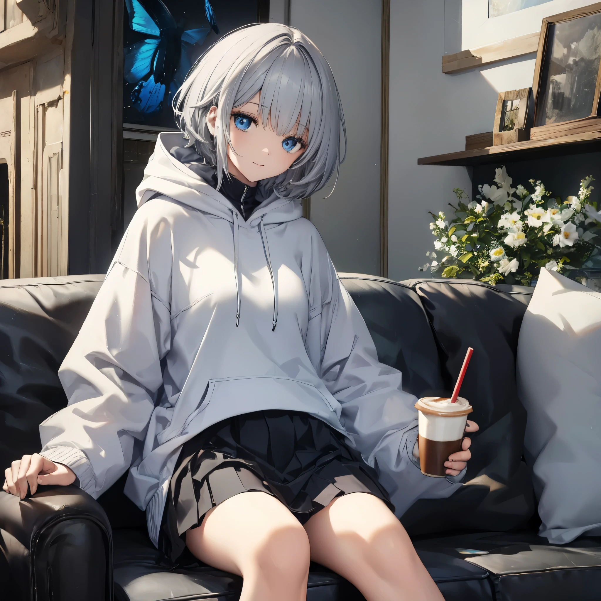 (((1 person　Gray Hair　Sit on the sofa　Crossing your legs　blue eyes)))　((High resolution　short hair　hoodie　Black Skirt　Rin々Funny face))　((Close-up))　((Blue butterfly　Asahi　Shining Aura　Catch the wind　Holding a cup　Drink coffee))　(smile　Bathed in light)　Shining Background　Shining Edge