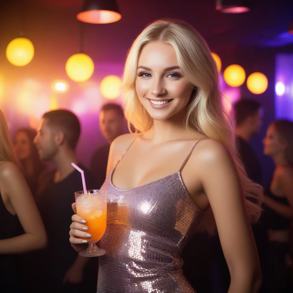 a beautiful blonde woman in a club with strobe lights holding a drink smiling

