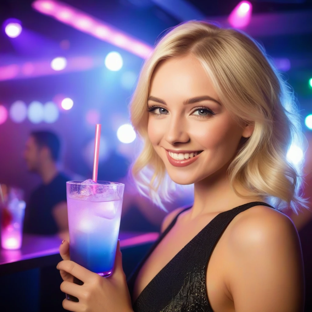 a beautiful blonde woman in a club with strobe lights holding a drink smiling