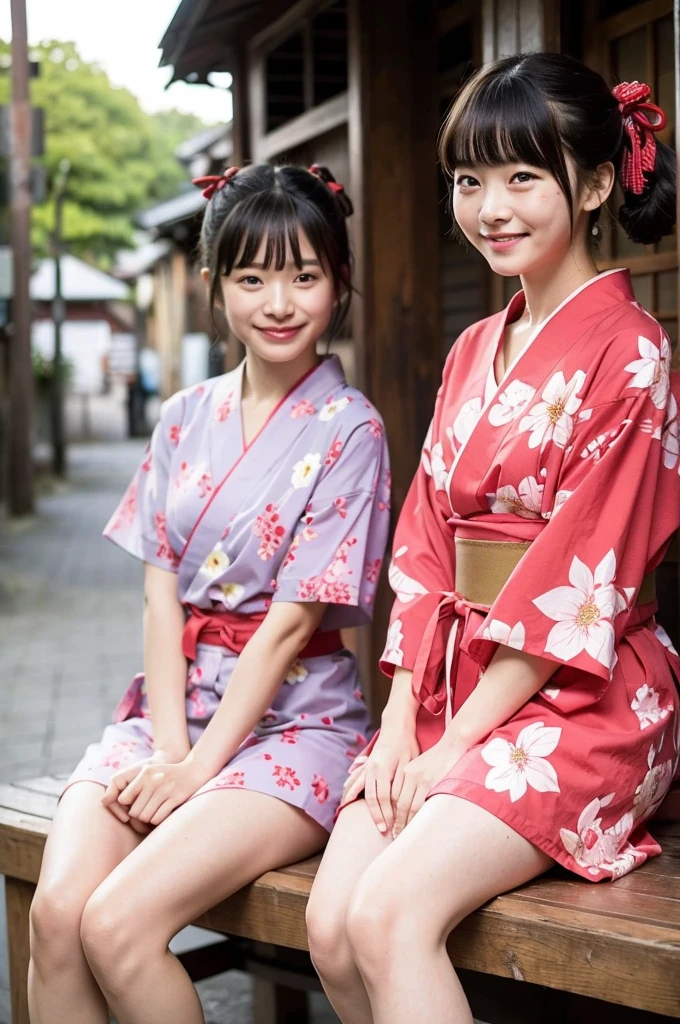 2 girls on wooden bench in old-Japanese street,floral pink yukata with red obi,18-year-old,bangs,a little smile,thighs,knees,short hair and low pigtails with red ribbon bow,from before,front light