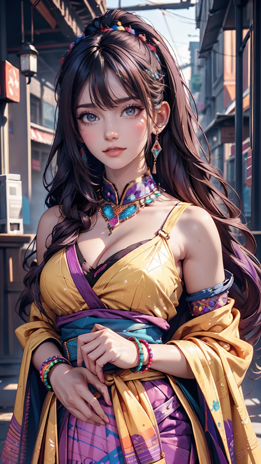 (Absurd, High resolution, Super detailed), (One girl:1.3), Twin tails, Purple Hair, break , Glitch Art, Digital Distortion, Pixelated Fragments, Data Corruption, Colorful Noise, Visual clutter, contemporary aesthetics break , Enamel Art, Glass-like surface, Vibrant colors, Glossy finish, Reflective Texture, Richly pigmented, fluid forms break , Ethnic Style, Traditional attire, Vivid patterns, Handmade textiles, Cultural Motifs, Beaded Jewelry, Artisan handmade accessories
