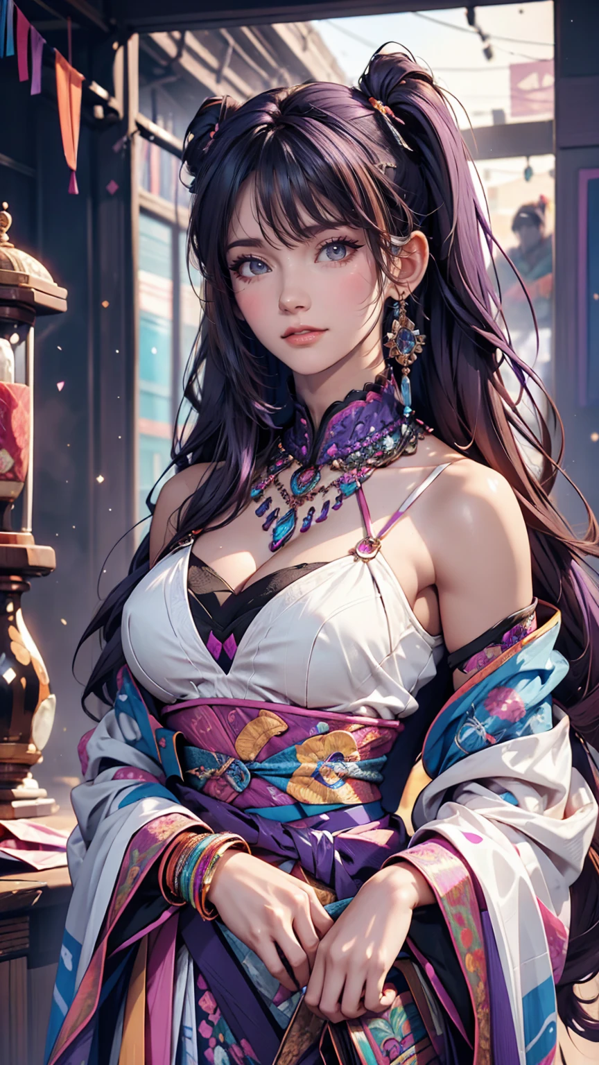 (absurd, high resolution, Super detailed), (1 Girl:1.3), Double tail, purple hair, rest , glitch art, Digital Distortion, Pixelate fragments, Data corruption, Colored Noise, Visual confusion, contemporary aesthetics rest , Enamel Art, Glassy surface, Vibrant colors, Bright finish, Reflective texture, Rich in pigment, fluid forms rest , Ethnic style, Traditional Clothing, Vibrant Patterns, Handmade Textiles, Cultural Themes, Beaded Jewelry, Handmade accessories