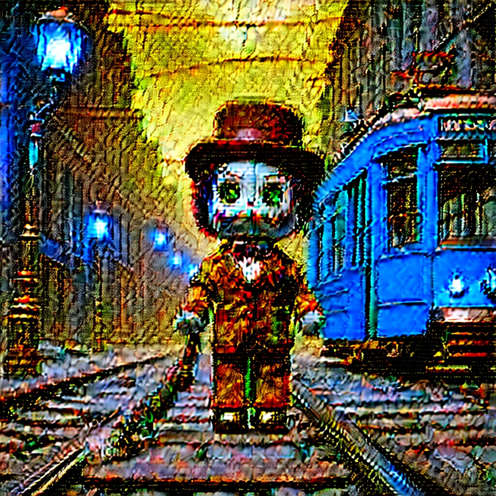 (knitted toy voodoo doll:1.8), (Voodoo Ghost Tram Conductor:1.3), (clothes shabby conductor uniform, tickets, vintage tram bell:1.0), (in the background an abandoned tram, empty streets, flickering lanterns:1.3), best quality, masterpiece, detailed soft oil painting, detailed background, dramatic cinematic lighting, soft edge lighting, professional, dramatic lighting, hard edge lighting, ultra quality, 4k, masterpiece, best quality, 8k, ultra high definition, high resolution, extremely detailed