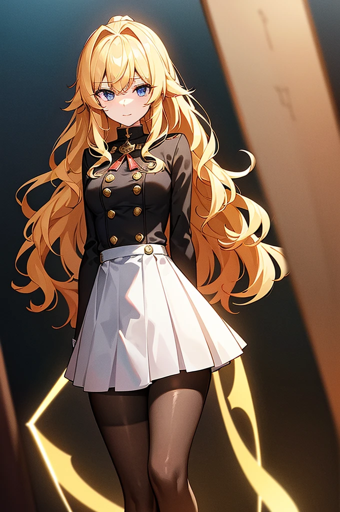 General Description:
- Height: Approximately 160 cm (5'3").
- Build: Slim and athletic with a delicate, feminine frame.
Hair:
- Color: Golden blonde.
- Style: Long, wavy hair that falls past her shoulders, often tied in a loose ponytail with a blue ribbon.
Eyes:
- Color: Vibrant green.
- Shape: Large, expressive eyes with long eyelashes.
Facial Features:
- Skin Tone: Fair complexion.
- Features: Soft, gentle features with a small, delicate nose and a warm, friendly smile.
Clothing:
- Standard Outfit: Wears the Golden Dawn squad uniform which consists of:
- A white, long-sleeved blouse with a high collar.
- A red and gold-trimmed jacket with the squad's emblem on the left shoulder.
- A white skirt with gold accents.
- Black thigh-high socks.
- Brown boots.
- Accessories: Wears a blue ribbon in her hair and sometimes a small golden brooch.
Magic Accessories:
- Often seen with a grimoire, a spellbook with a clover symbol, which she uses to perform her plant-based healing magic.
Posture and Expression:
- Posture: Upright and graceful, reflecting her noble background.
- Expression: Often seen with a kind and caring expression, with a hint of determination when in battle.