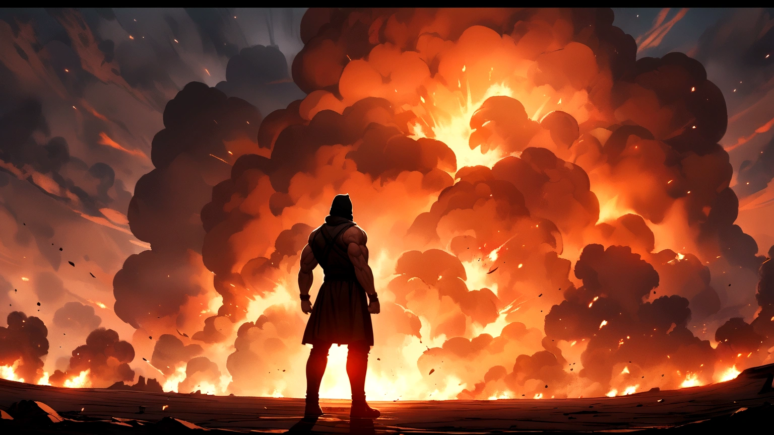Muscular but not very muscular boy with black beanie hat and medium brown hair standing in the distance very epic with explosions and fire in the background