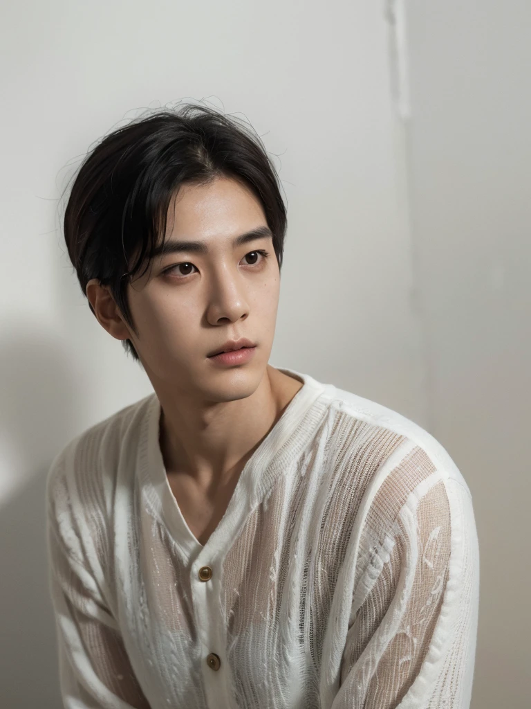Best Quality, 8k, Masterpiece, (Portrait: 1.3), (photo realistic:1.4), (hyper realistic:1.4), Sharp Focus, looking at viewer, (smoother lighting:1.1), (increase cinematic lighting quality:0.9), realistic lighting, backlighting, light on face, ray trace, (brightening light:1.2), (Increase quality:1.4), sharp detail, (best quality real texture skin:1.4), finely detailed eyes, black_eyes, finely detailed face, 25 year old Korean man
