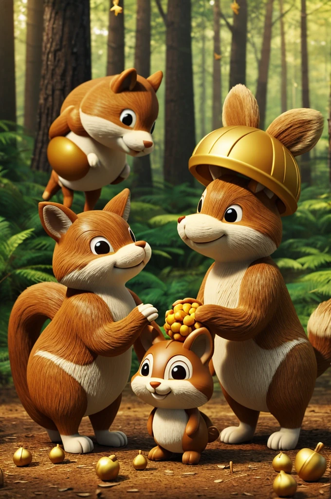 The forest animals playing and enjoying the golden acorns together. Characters: Nutty and forest animals.Caption: "Nutty learned that sharing something special makes it even more precious.