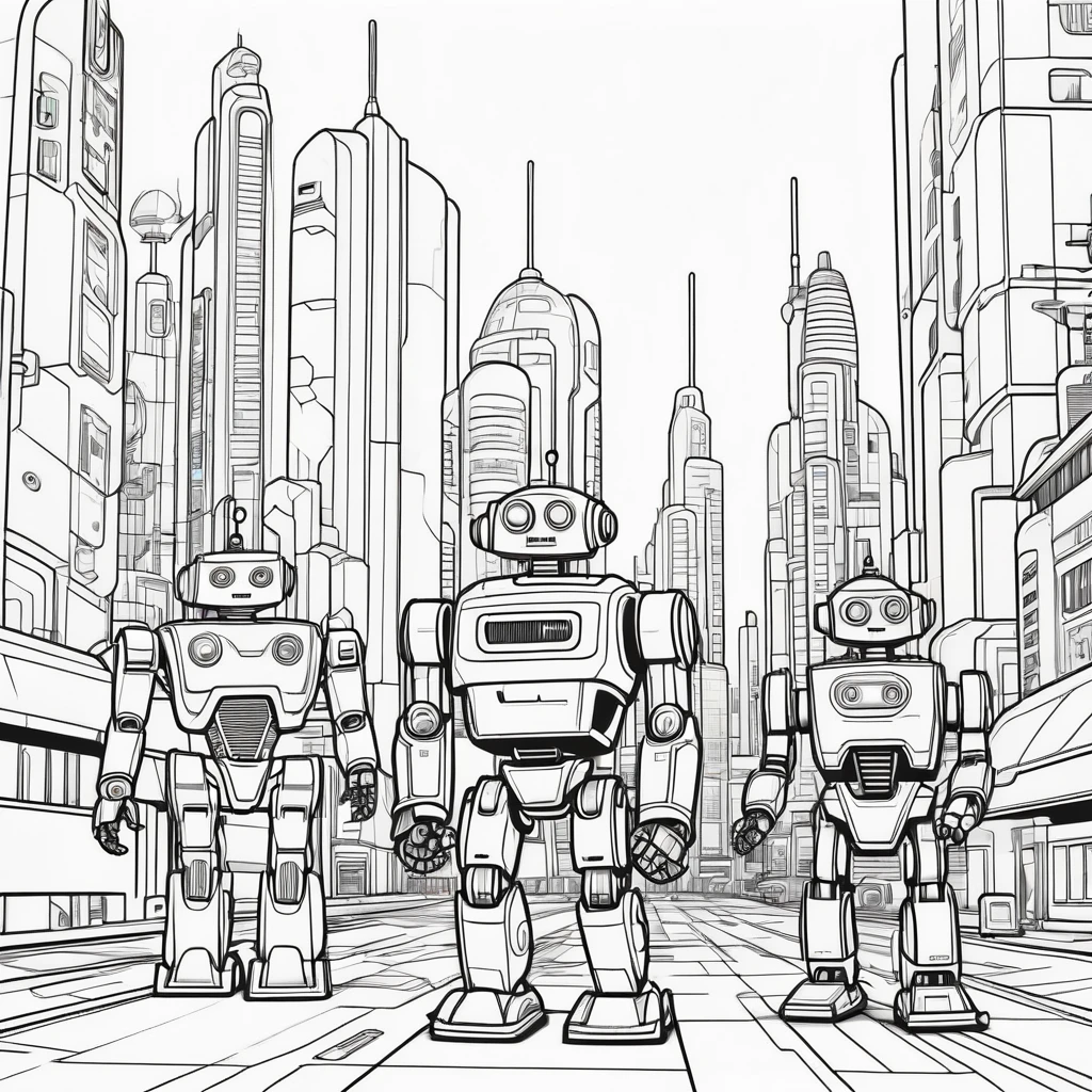 robots in a sci-fi city, coloring page for kids, happy, smiling, vector art, minimalistic, vector 2d, black lines white background, coloring page for beginners, vector illustration, pencil strokes, no color, drawing for coloring, white background, pixar style, black and white