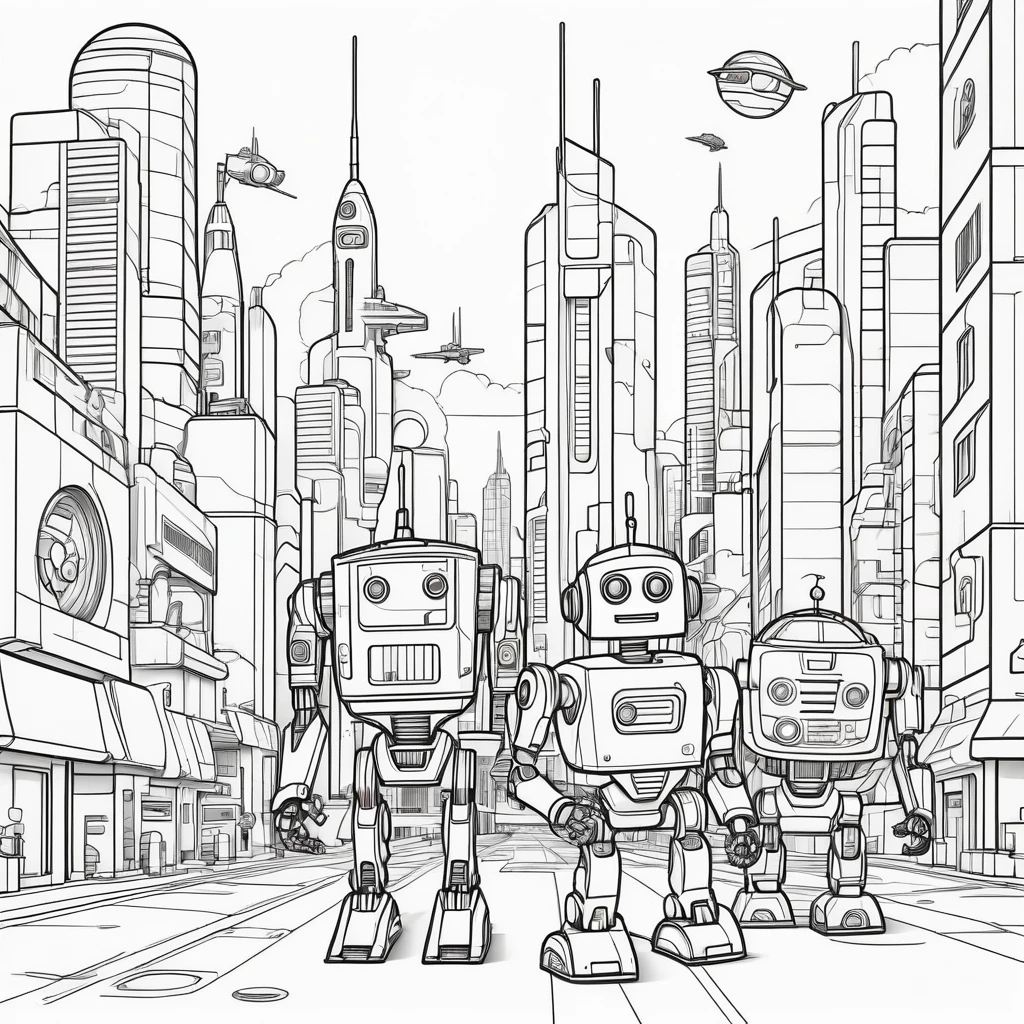 robots in a sci-fi city, coloring page for kids, happy, smiling, vector art, minimalistic, vector 2d, black lines white background, coloring page for beginners, vector illustration, pencil strokes, no color, drawing for coloring, white background, pixar style, black and white