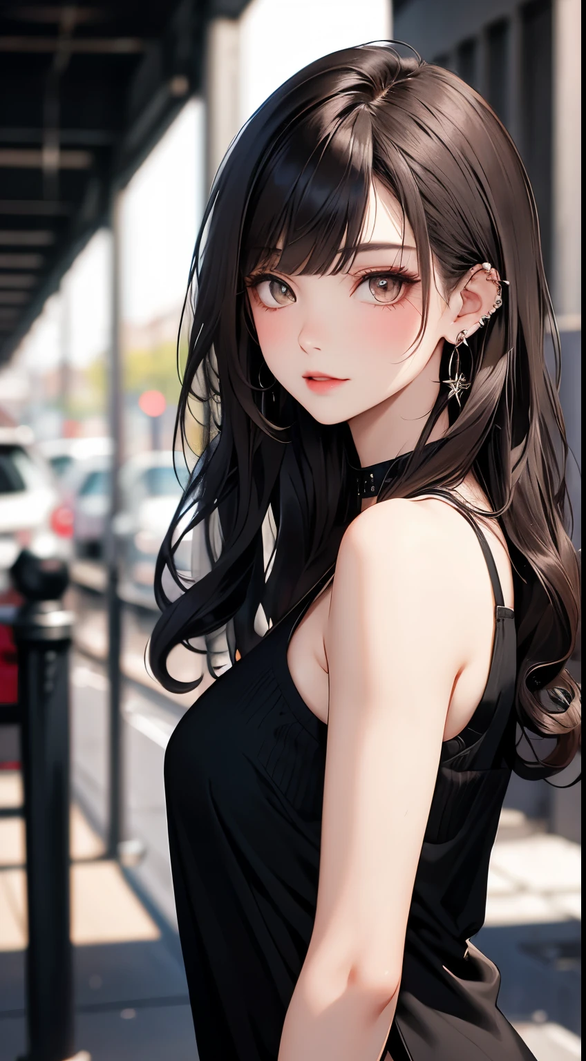 masterpiece, best quality, PIXIV, cool girl, lots of piercings, earrings, dark brown hair, curly hair, blunt bangs, straight bangs, gray eyes, pale skin, gal, gyaru