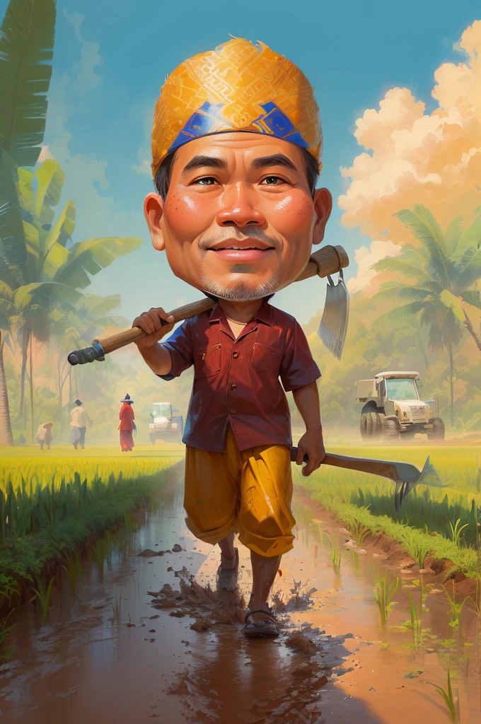 cartoon man walking through a muddy field with a hoe, The head wears a typical Javanese headgear blangkon, caricature illustration, farmer, Indonesian farmer, caricature style, cartoon portrait, cartoon digital painting, caricature, official illustration, cartoon digital art, in cartoon style, inspired by Rudy Siswanto, inspired by I Ketut Soki, potrait, digital cartoon painting art, digital art cartoon, cartoon artstyle
