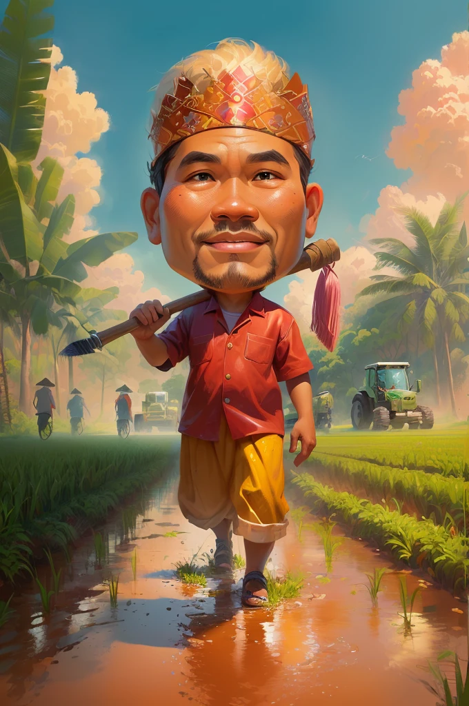 cartoon man walking through a muddy field with a hoe, The head wears a typical Javanese headgear blangkon, caricature illustration, farmer, Indonesian farmer, caricature style, cartoon portrait, cartoon digital painting, caricature, official illustration, cartoon digital art, in cartoon style, inspired by Rudy Siswanto, inspired by I Ketut Soki, potrait, digital cartoon painting art, digital art cartoon, cartoon artstyle