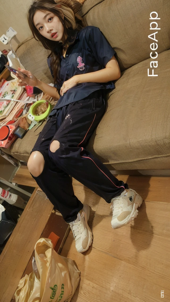Songkran, wet street , A very realistic girl, wet soaked, drop, wet clothes, wet skin, wet hair, 8k, Masterpiece, realistic, beautiful,purple efficiency,Navy trousers,wet:1.5,dirty white powder
