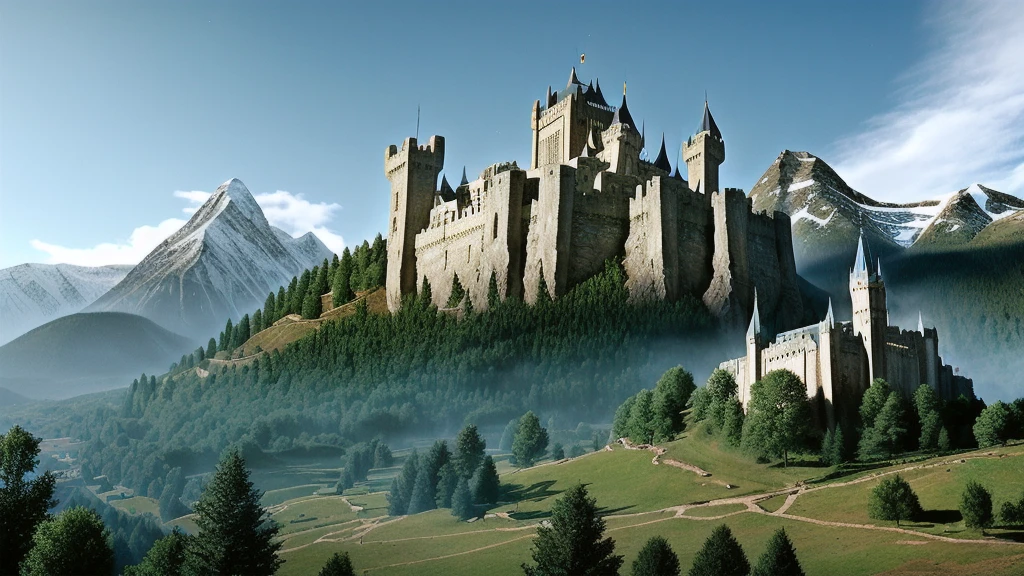 arafed castle in the middle of a mountain with a steeple, gondor, minas tirith, middle - earth, middle-earth, middle earth, inspired lord of the rings, minas tirith in the background, from lord of the rings, in style of lord of the rings, beautiful helms deep, the shire castle, middle earth landscape