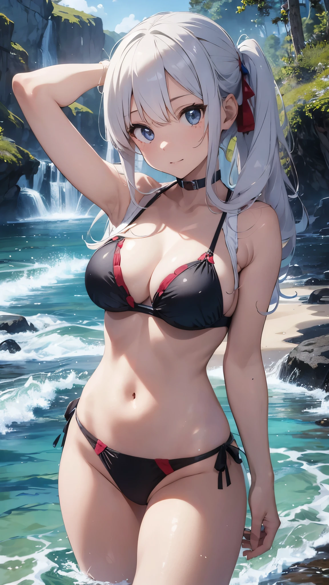 White-haired girl drawn in high resolution Japanese anime style、whole body、Women in blue bikinis taking photos on a deserted beach, model bikini, , Young and cute gravure idol, Posing together in bras, Russian and Japanese mix, sakimichan, Asian woman, Wear a swimsuit, that'that'that'that'that'that'that'that'that'that'that'that'that'that'that'that'that'It's hot with the shining sun, Japanese Model, Cute Core, sakimichan hdri, Young Gravure Idol, Chubby