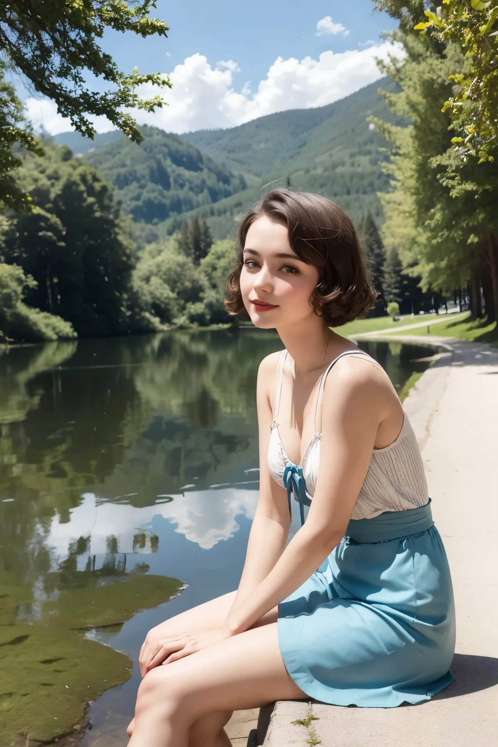 French girl from the 1930s sitting in front of a lake on a sunny day