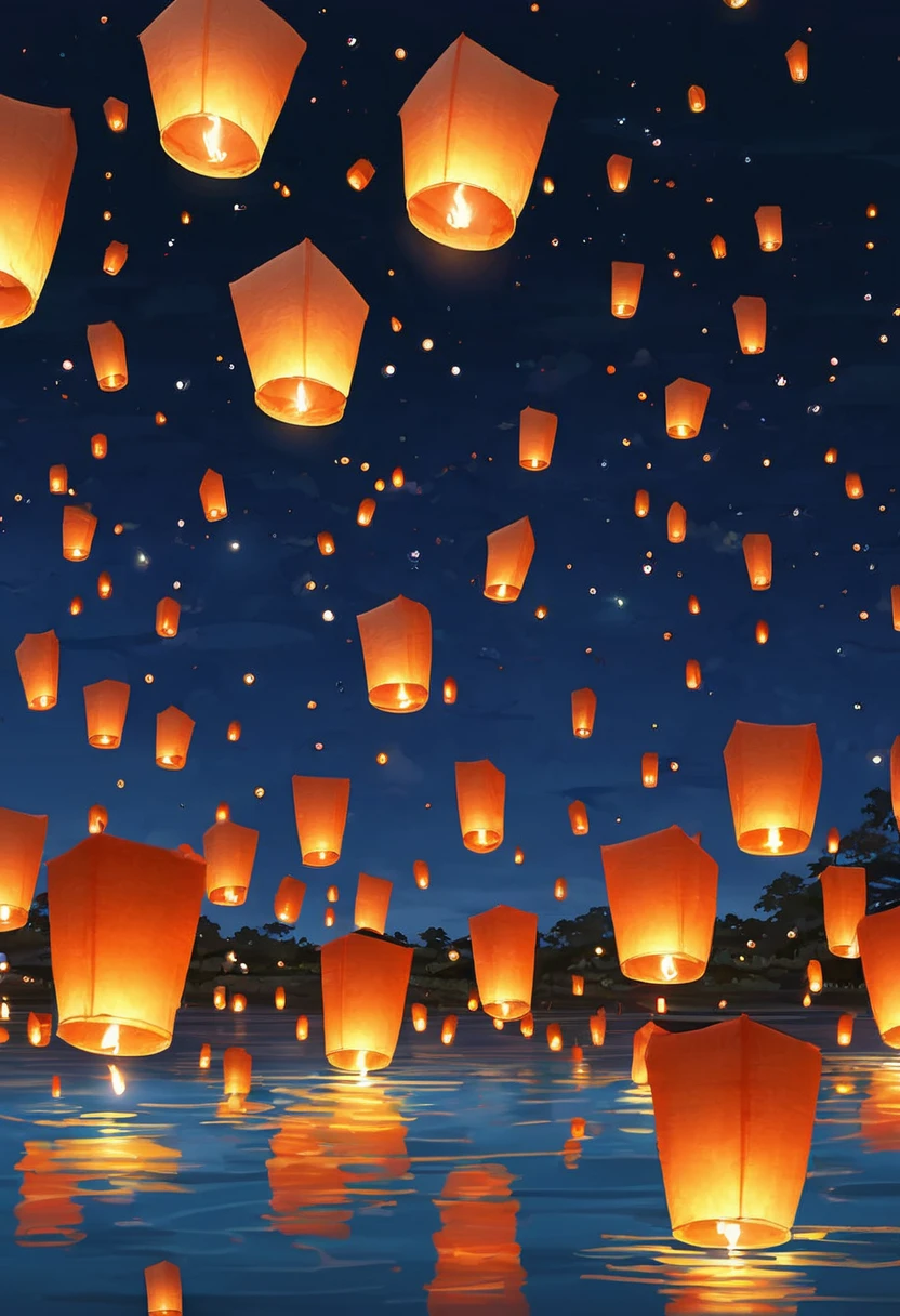 1.Place the river lanterns by the river，Many sky lanterns are lit on the water, floating lights, Lights and reflections, Glowing lights! Intermediate Metaverse Elements，number, glowing reflections, think. author：Shinkai Makoto, Water Lanterns, A quiet night. Digital Illustration, Beautiful Ambience, Night sky lights, Peaceful evening atmosphere, 美丽的number艺术作品, Low Detail. number, Beautiful Ambience