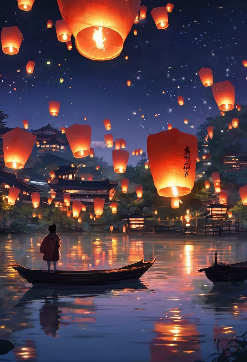 1.Place the river lanterns by the river，Many sky lanterns are lit on the water, floating lights, Lights and reflections, Glowing lights! Intermediate Metaverse Elements，number, glowing reflections, think. author：Shinkai Makoto, Water Lanterns, A quiet night. Digital Illustration, Beautiful Ambience, Night sky lights, Peaceful evening atmosphere, 美丽的number艺术作品, Low Detail. number, Beautiful Ambience