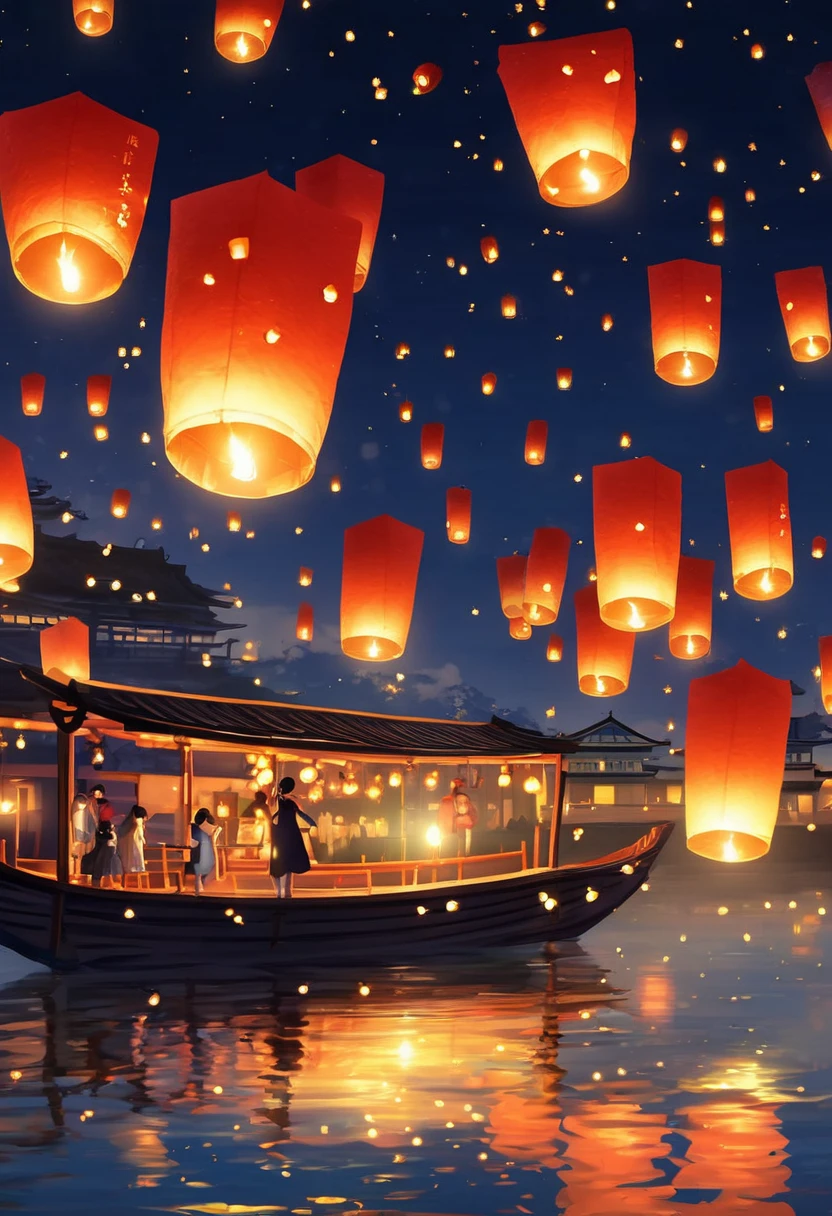 1.Place the river lanterns by the river，Many sky lanterns are lit on the water, floating lights, Lights and reflections, Glowing lights! Intermediate Metaverse Elements，number, glowing reflections, think. author：Shinkai Makoto, Water Lanterns, A quiet night. Digital Illustration, Beautiful Ambience, Night sky lights, Peaceful evening atmosphere, 美丽的number艺术作品, Low Detail. number, Beautiful Ambience