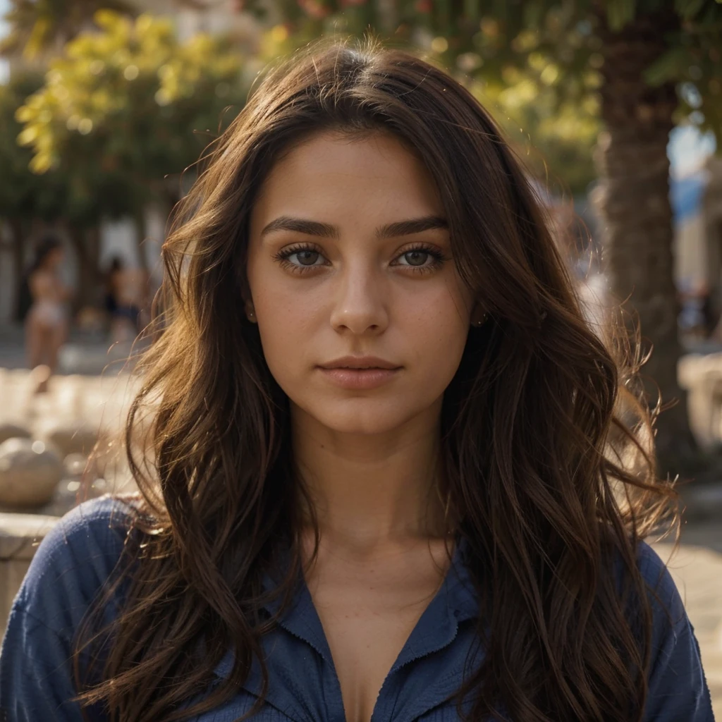 Realiste, Femme élégante, 25 ans, jeune, brune, yeux marron, realiste corps parfait, en arriere plan la ville de santorin, femme en maillot de bain, maillot de bain 2 pièces 