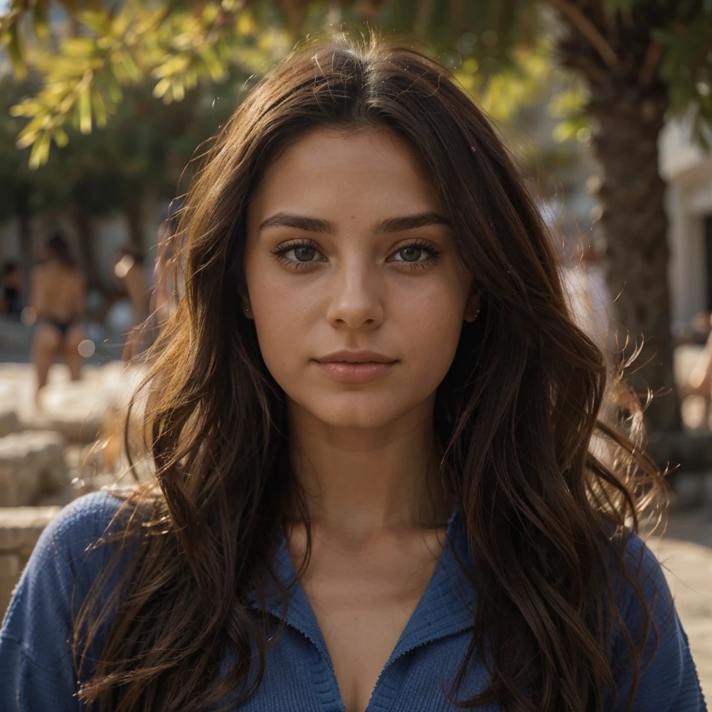 Realiste, Femme élégante, 25 ans, jeune, brune, yeux marron, realiste corps parfait, en arriere plan la ville de santorin, femme en maillot de bain, maillot de bain 2 pièces