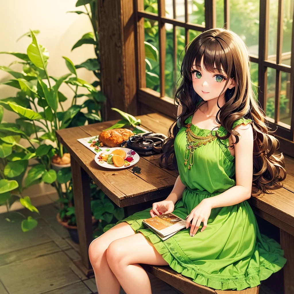 Girl at the table, 25 years, long curly brown hair, bright green eyes, who glow with warmth and enthusiasm
, looks straight, slim build, and her style is a quirky mix of bohemian and vintage. She often wears flowy short dresses with unique patterns., accessorized with statement jewelry and comfortable flats.