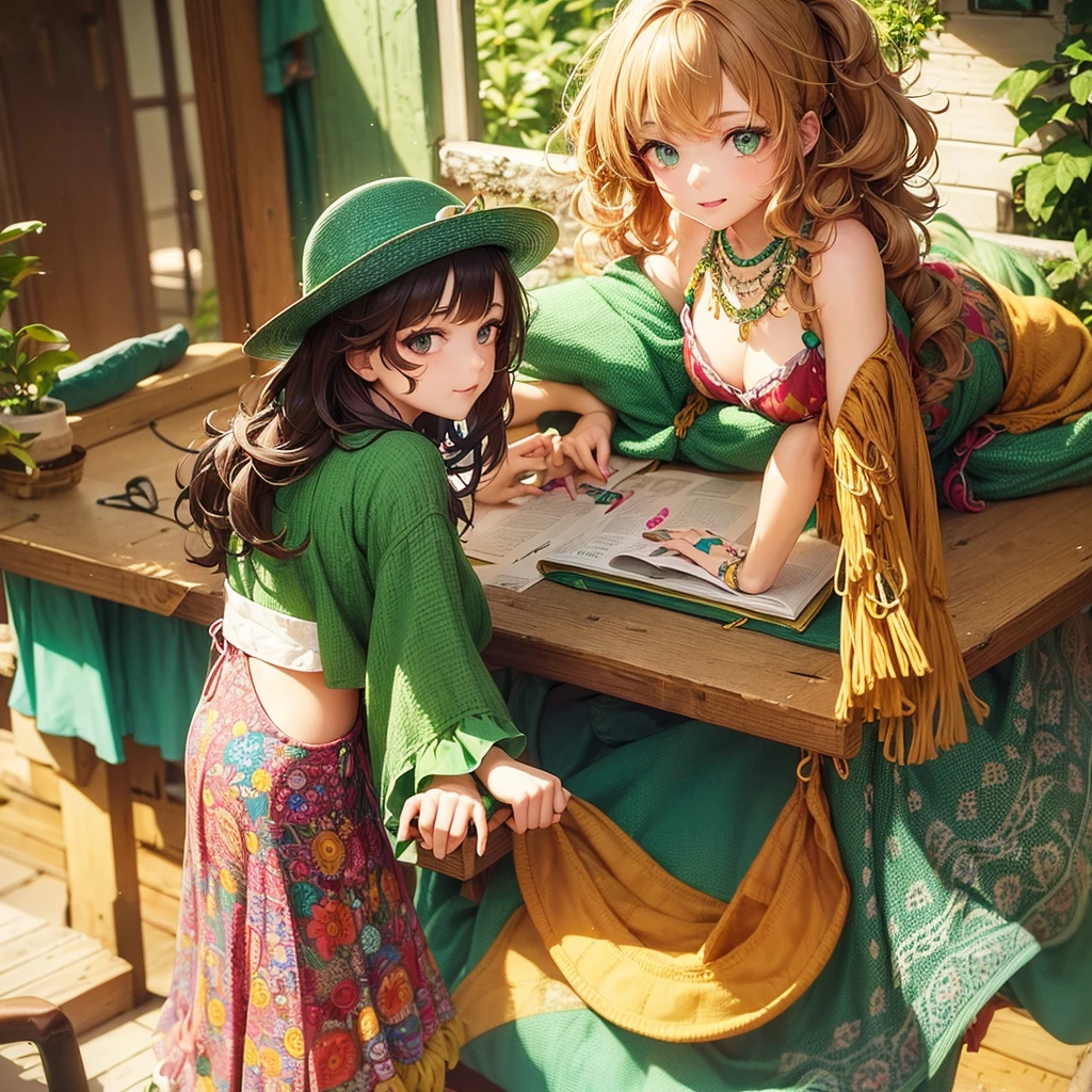 Girl at the table, 25 years, long curly brown hair, bright green eyes, who glow with warmth and enthusiasm 
, looks straight, slim build, and her style is a quirky mix of bohemian and vintage. She often wears flowy short dresses with unique patterns., accessorized with statement jewelry and comfortable flats.