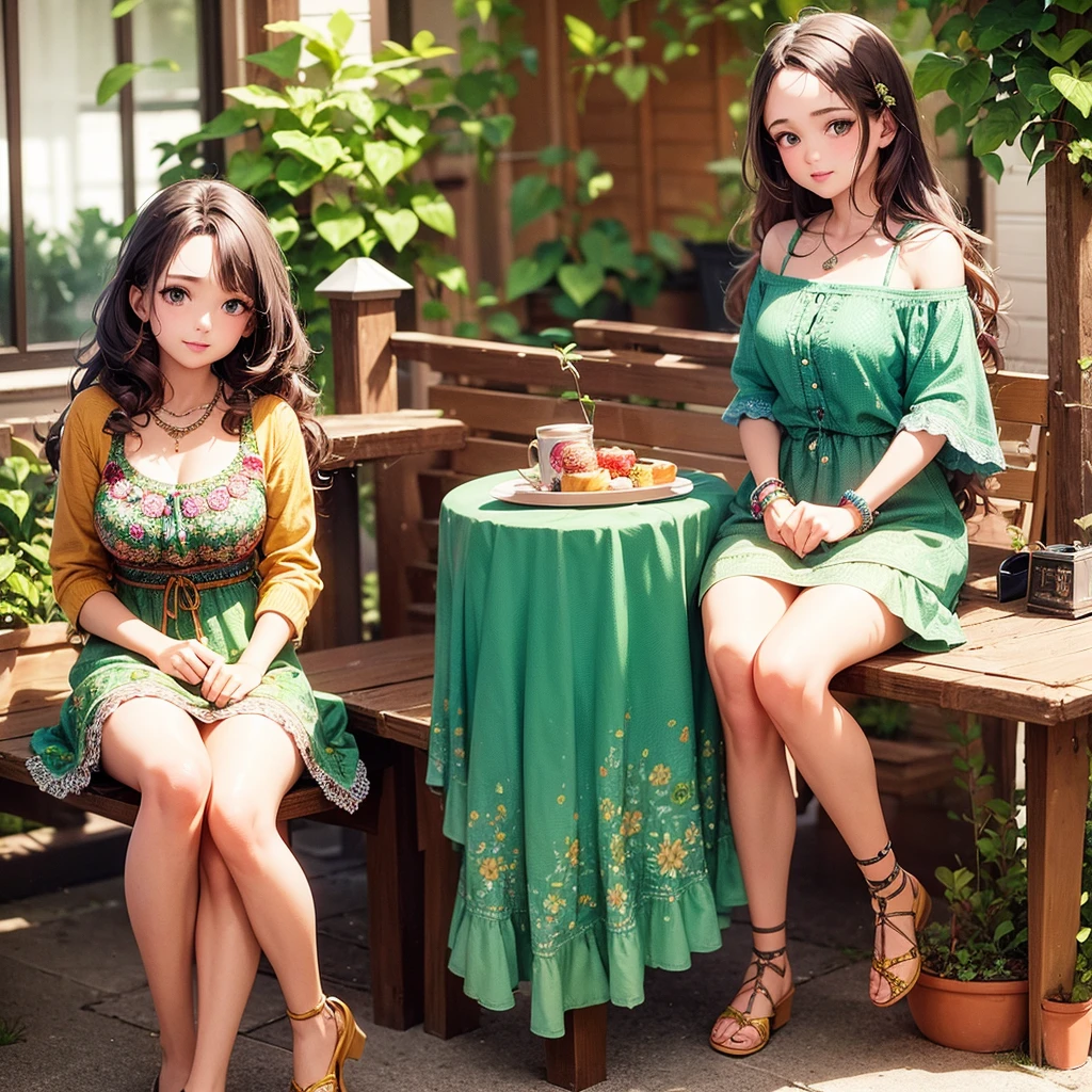 Girl at the table, 25 years, long curly brown hair, bright green eyes, who glow with warmth and enthusiasm
, looks straight, slim build, and her style is a quirky mix of bohemian and vintage. She often wears flowy short dresses with unique patterns., accessorized with statement jewelry and comfortable flats.