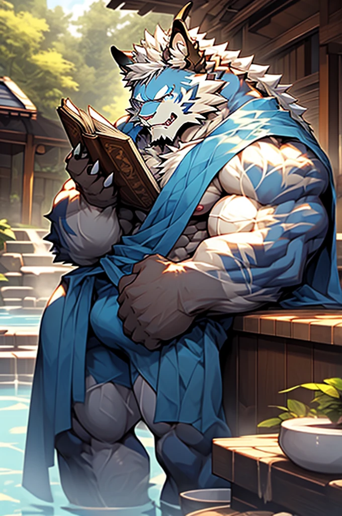 head、Animal cat face、A pair of dragon horns，Fluffy white hair all over the body、Heavy breathing、Gnashing of teeth,Serious expression,Muscle tissue、 (Strong, Muscle Man:1.2), wildcat、blue eyes，(contour）The whole body is covered with long white hair、Hairy body、Fangs、Holding a book，Sitting，Sharp claws、Capture the composition of the whole body、Blue robe，（Messy 1.4），(())， (White bath towel)，(())，Standing by the hot spring，Ultra-clear，high quality