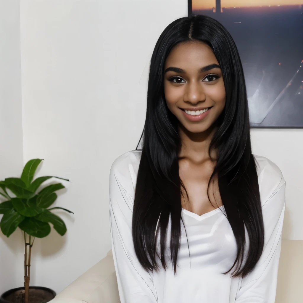 (Cute  glamour model), gorgeous teenony skinned arab, super long black hair, youthful, young, teen, teer, (lng at the camera), indoor lighting, huge breasts, thin, skinny, dainty, delicate, no bra, relaxing and flirting in a livingroom, oversized white shirt