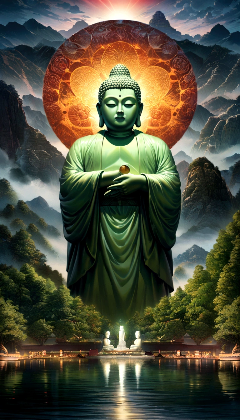 (The figurine Buddha is integrated with the mountain),Leshan Giant Buddha,Living with nature,Surrealism, High detail, Hyper Photorealism, Stereogram, Cinema Lighting, Divine Light, Hyper HD, masterpiece, Textured skin, Highest quality, High resolution