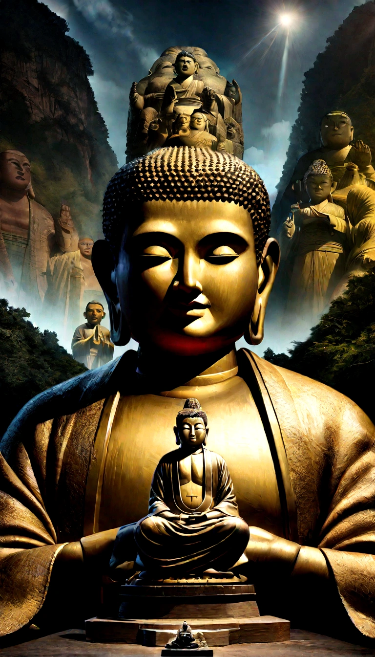 (The figurine Buddha is integrated with the mountain),Leshan Giant Buddha,Living with nature,Surrealism, High detail, Hyper Photorealism, Stereogram, Cinema Lighting, Divine Light, Hyper HD, masterpiece, Textured skin, Highest quality, High resolution